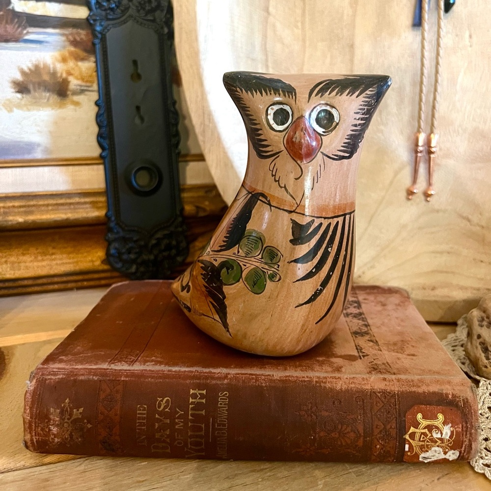 Vintage Tonala Owl Mexican Pottery Hand Painted Bird Floral Cottagecore Pattern